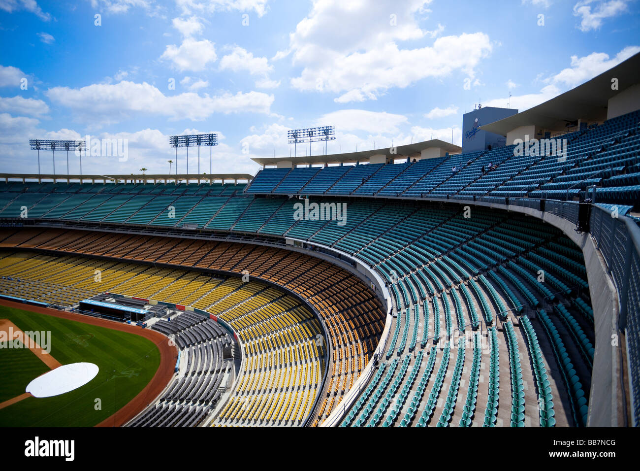 ROWS OF EMPTY BLEACHERS IN THE LOS ANGELES DODGERS STADIUM, CALIFORNIA, USA, North America Stock Photo