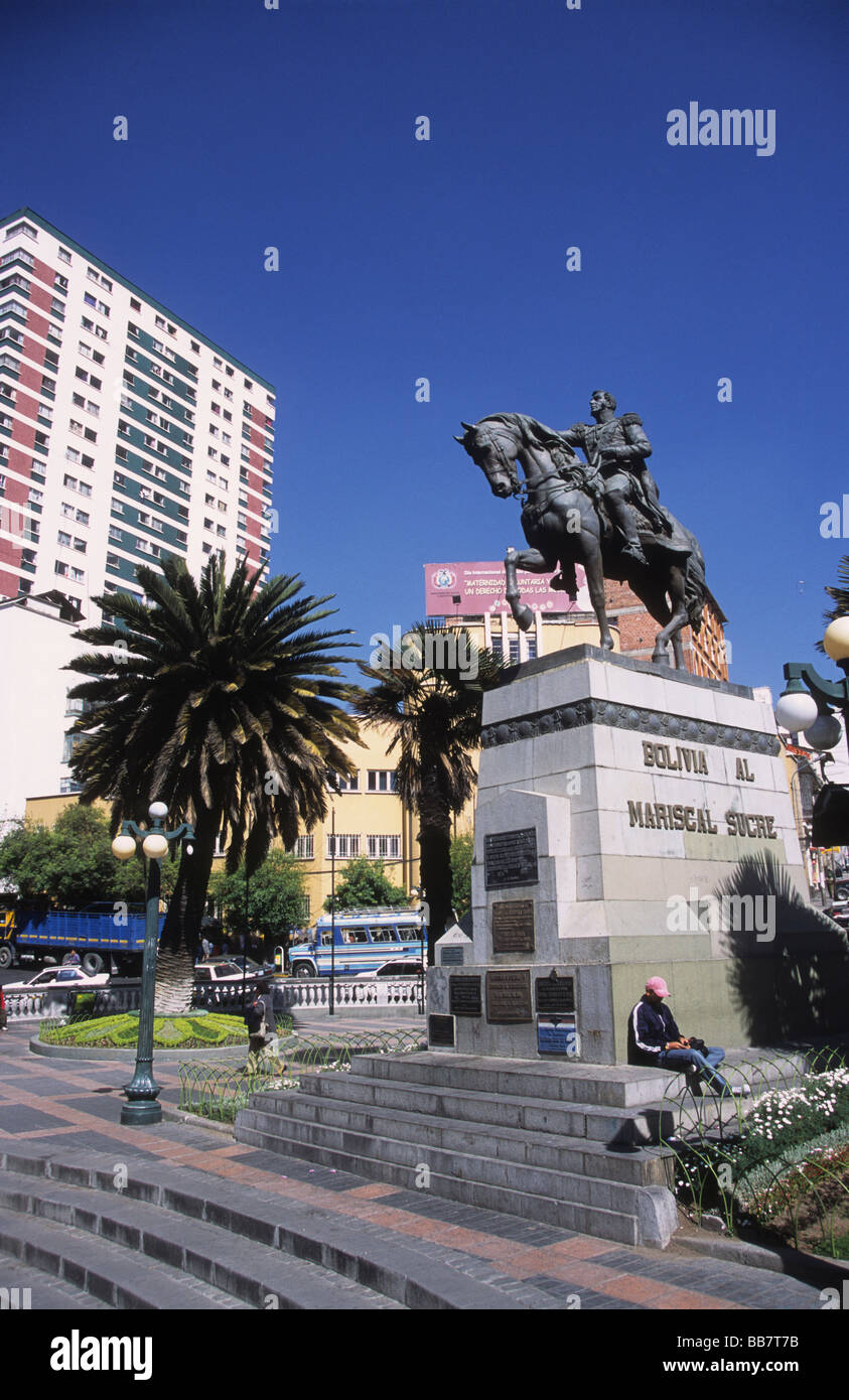 Statue of General Antonio José de Sucre (one of Bolivia's founders and 2nd president) and skyscrapers, La Paz, Bolivia Stock Photo