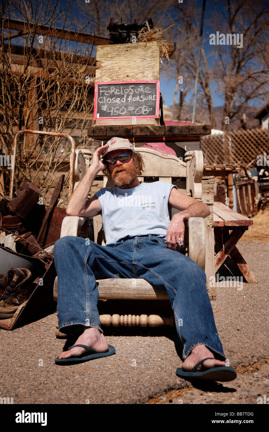 Portrait of contemporary artist Craig Marshall outside his shack in Keeler in California USA Stock Photo