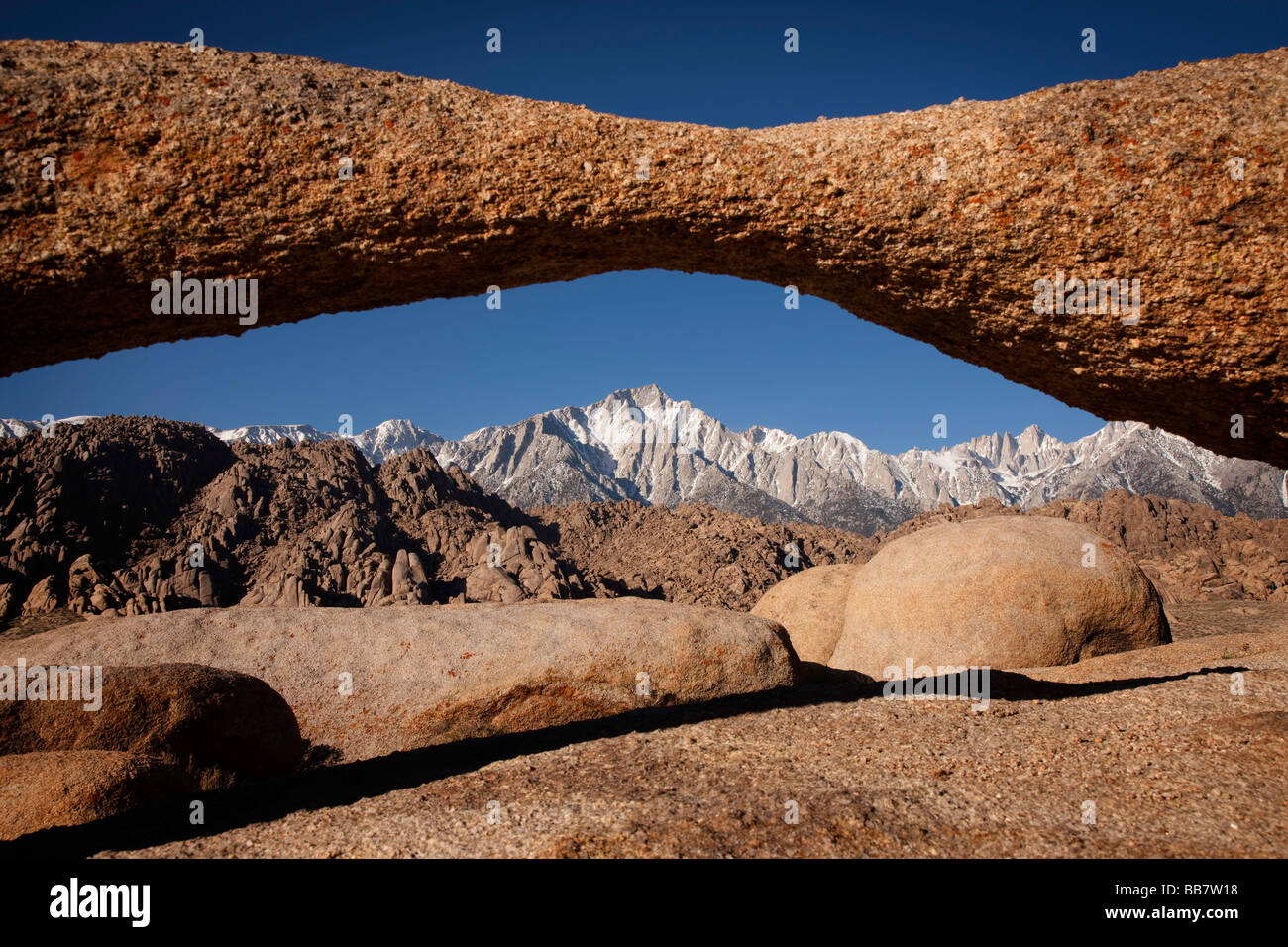 Mount Whitney seen through natural rock arch near Lone Pine in California USA Stock Photo