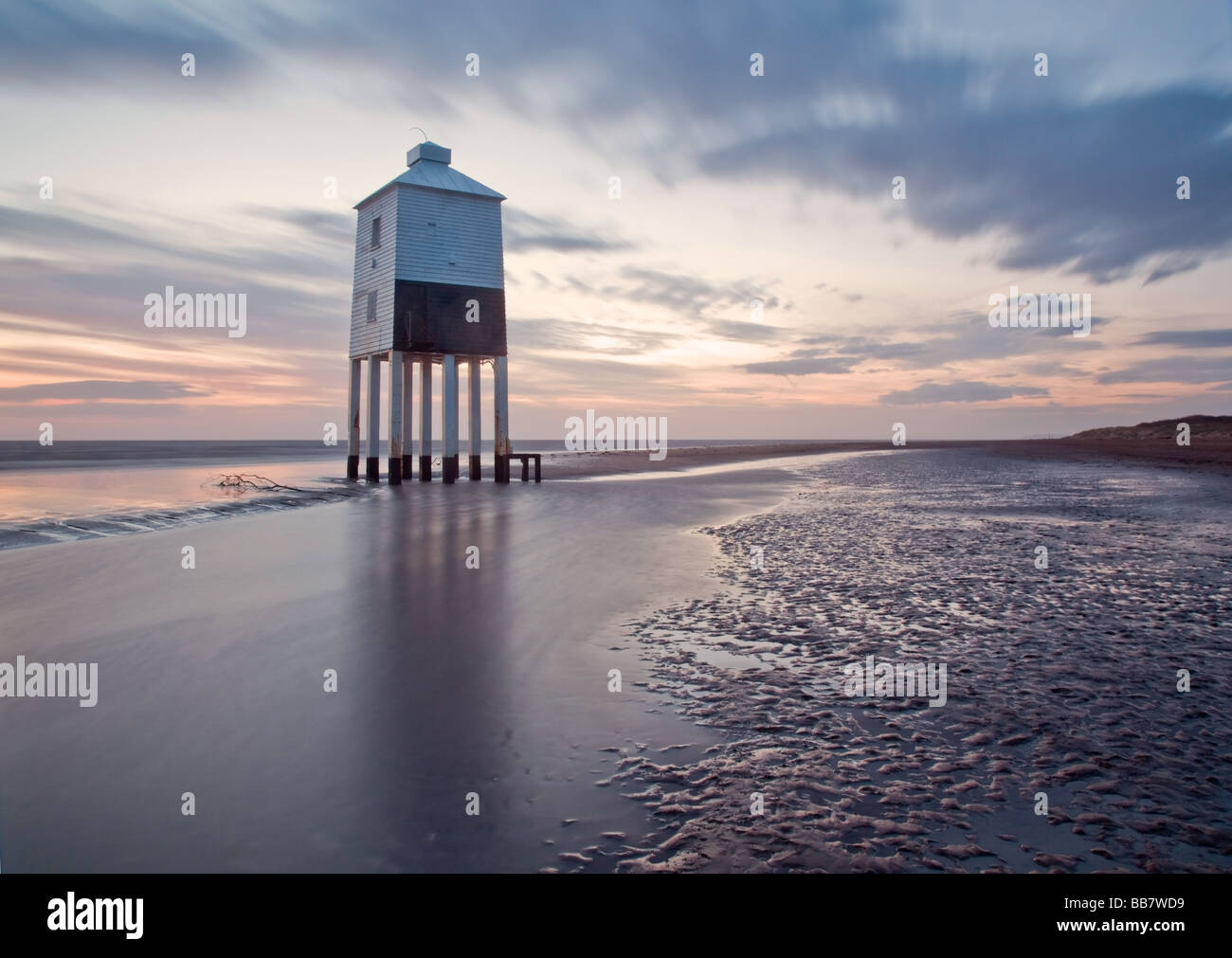Atmospheric Image of The Lower Lighthouse at Burnham on Sea after Sunset. Stock Photo