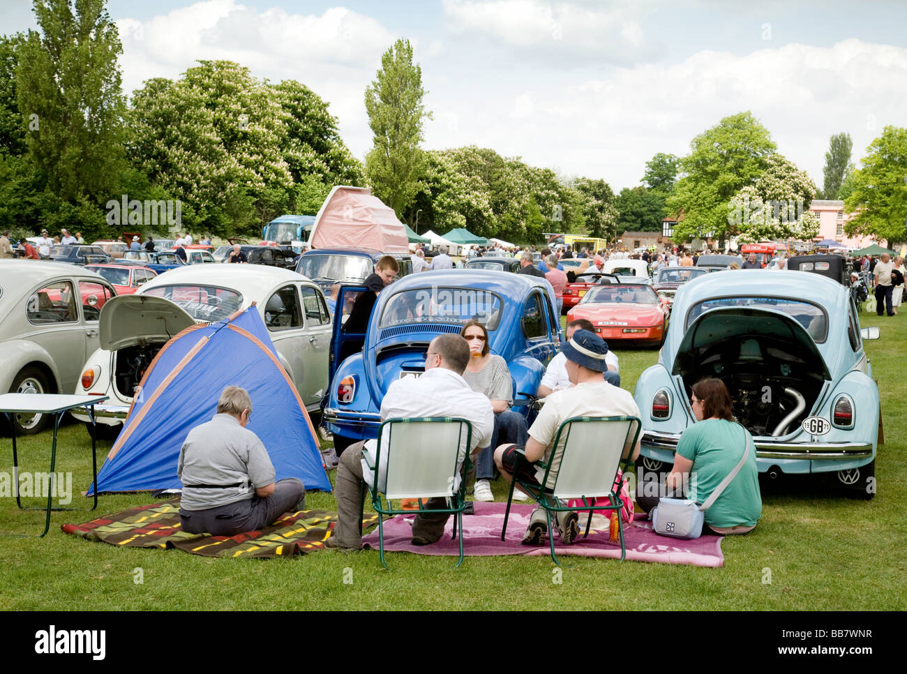 Volkswagen beetle enthusiasts with their cars at a classic car rally