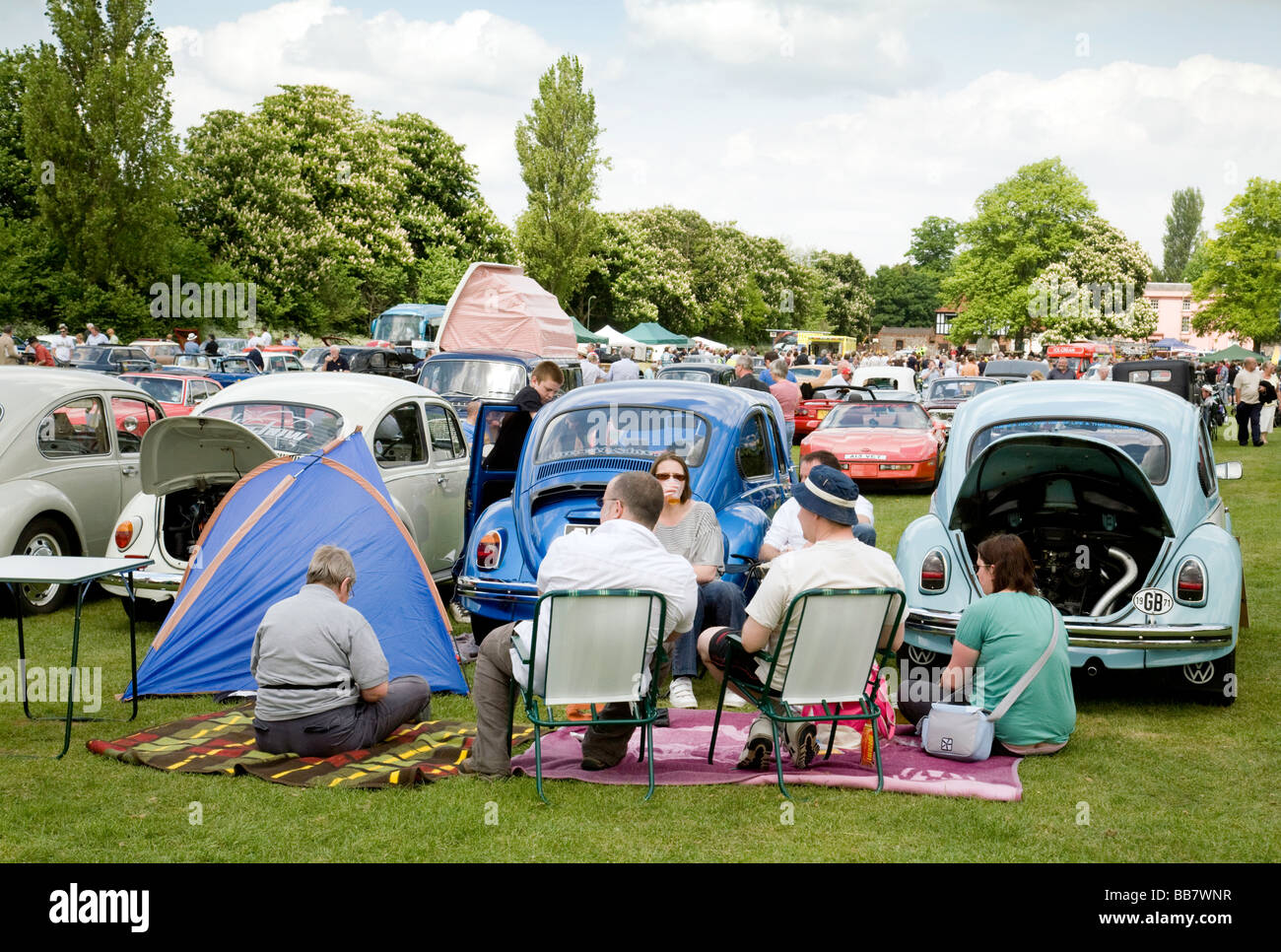 Volkswagen beetle enthusiasts with their cars  at a classic car rally, Wallingford, Oxfordshire, UK Stock Photo