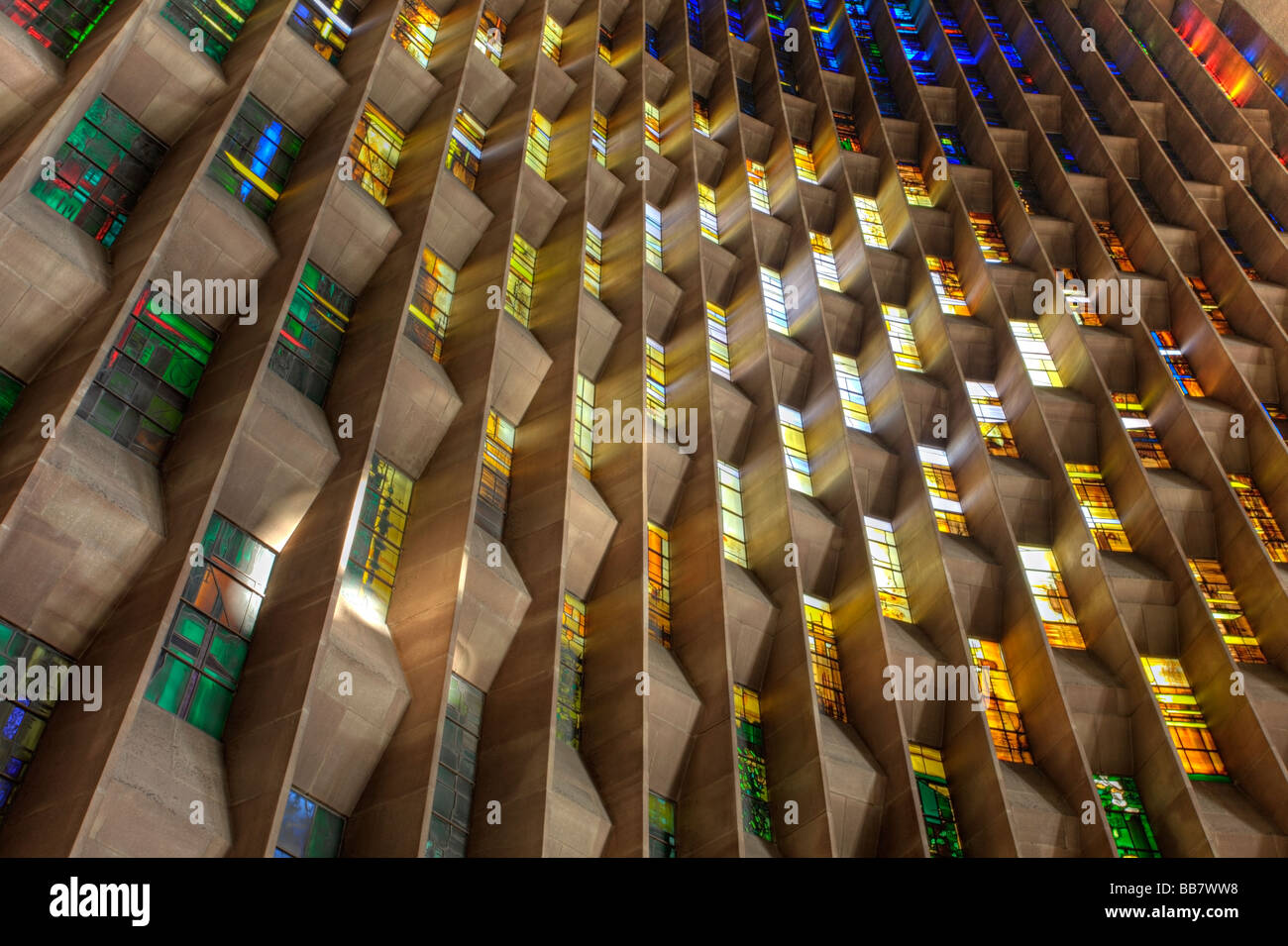 Stained glass window at the new Coventry Cathedral, Coventry, West Midlands of England, United Kingdom Stock Photo