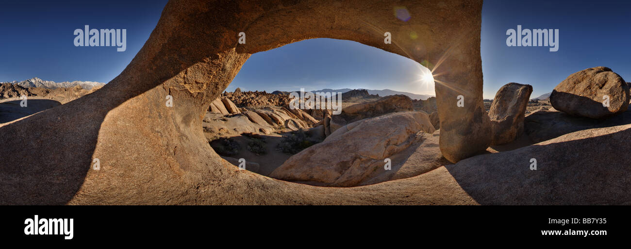 360 degree panoramic view of Mount Whitney seen through natural rock arch near Lone Pine in California USA Stock Photo