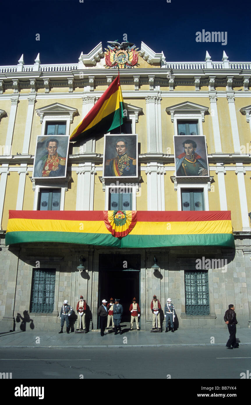 Portraits of former presidents on Presidential Palace building for 6th August Independence Day celebrations, Plaza Murillo, La Paz, Bolivia Stock Photo