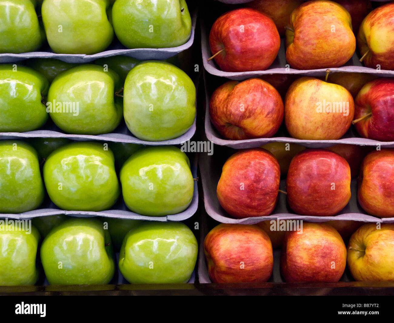 Red and green apples on display in food market Grown in Washington