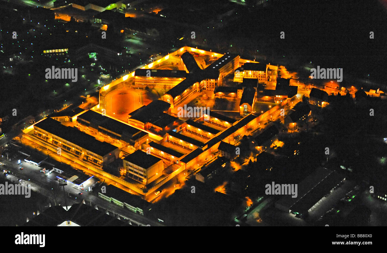 Aerial photo, night shot, JVA, penitentiary, Bochum, Ruhr Area, North Rhine-Westphalia, Germany, Europe Stock Photo