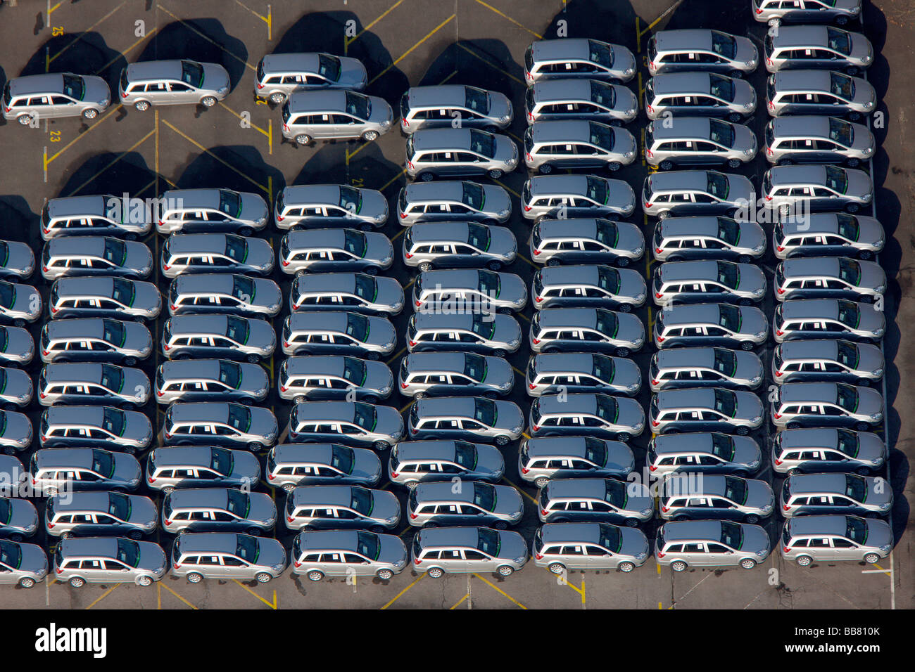 Aerial photo, OPEL Werk 1 Laer, Opel car factory plant 1, parking lot for new ZAFIRA cars before delivery, Bochum, Ruhr distric Stock Photo