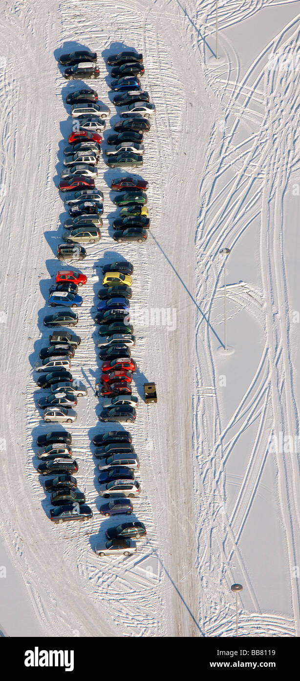 Aerial photo, Eigen, snow, car tuner Brabus parking lot, Bottrop, Ruhr Area, North Rhine-Westphalia, Germany, Europe Stock Photo