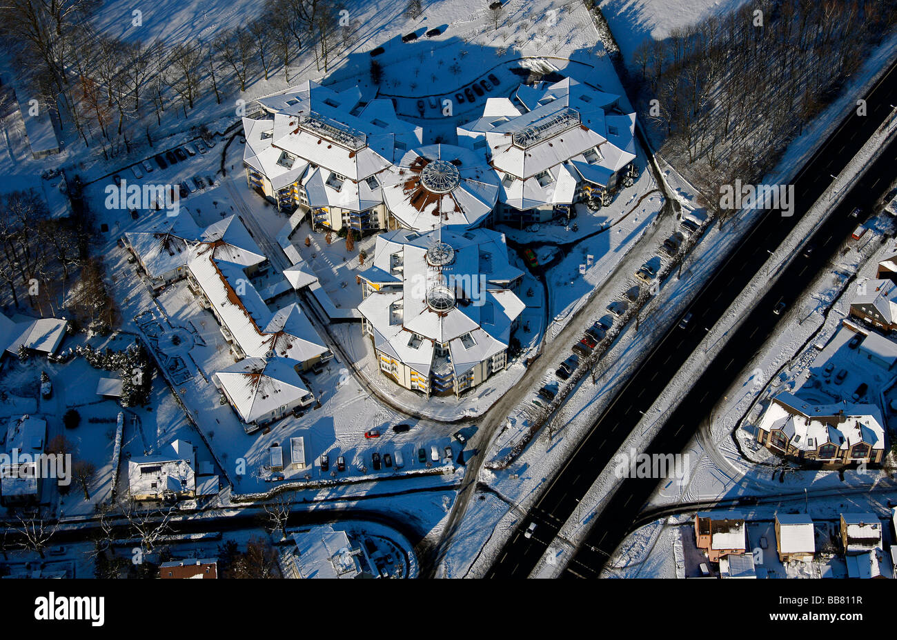 Aerial photo, retirement home, snow, Bottrop, Ruhr Area, North Rhine-Westphalia, Germany, Europe Stock Photo