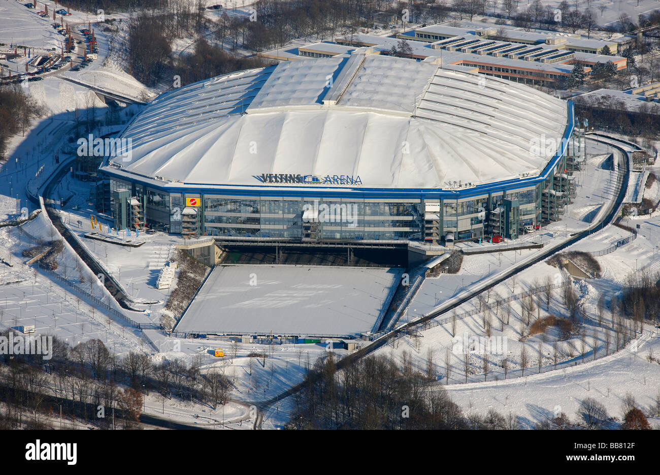 Aerial photo, Schalke Arena, S04 Veltins-Arena Sports stadium in snow, Gelsenkirchen-Buer, Gelsenkirchen, Ruhr Area, North Rhin Stock Photo