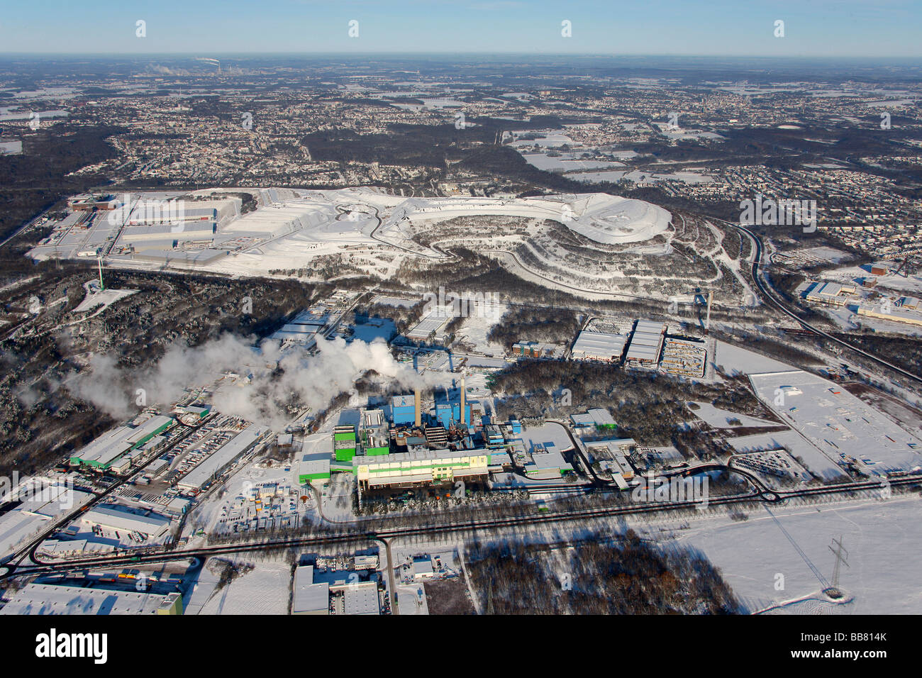 Aerial photo, snow, RZR Recycling Zentrum Ruhr Area recycling center, garbage incineration plant, Landschaftspark Emscherbruch, Stock Photo