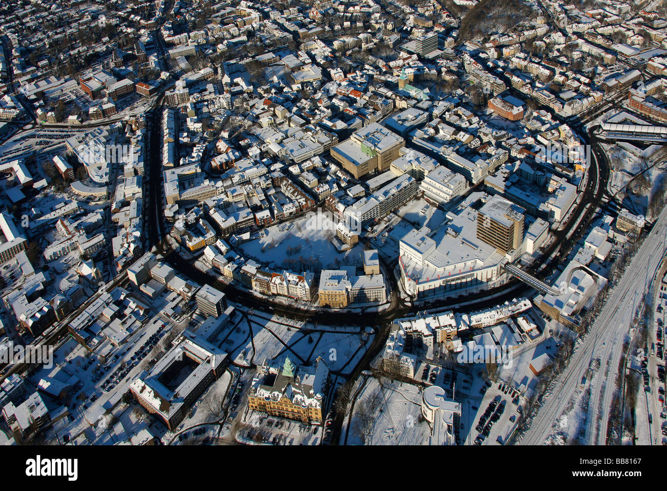 Aerial photo, town hall, inner city in snow, Recklinghausen, Ruhr Area, North Rhine-Westphalia, Germany, Europe Stock Photo
