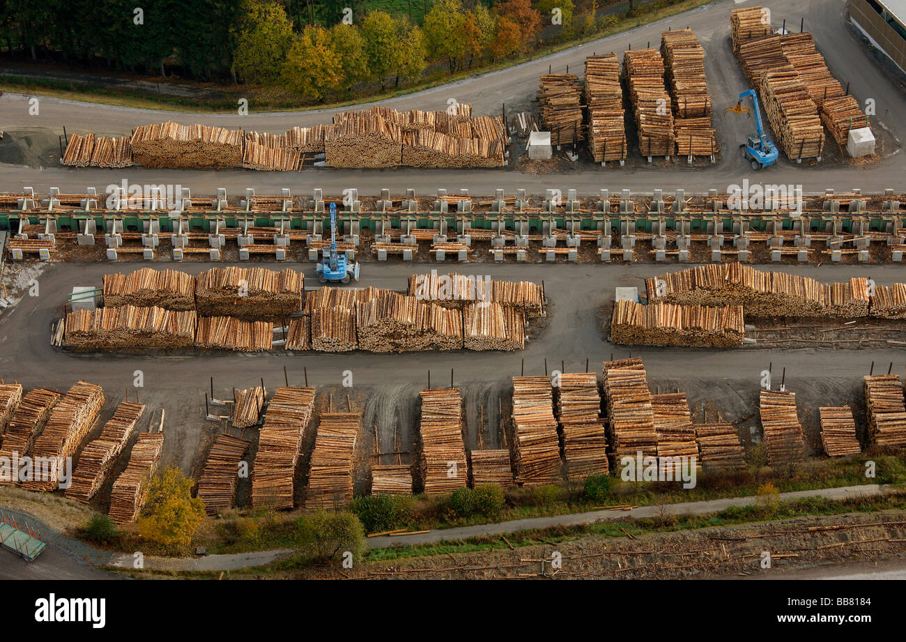 Aerial photo, lumber mill with wood cut after storm Kyrill Stock Photo