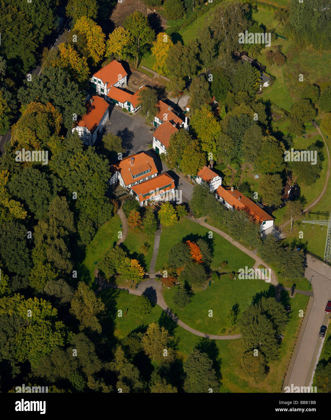 Aerial photo, historic factory Maste-Barendorf, Nadelmuseum, needle museum, Ahlenschmiede, open-air museum of historic houses,  Stock Photo