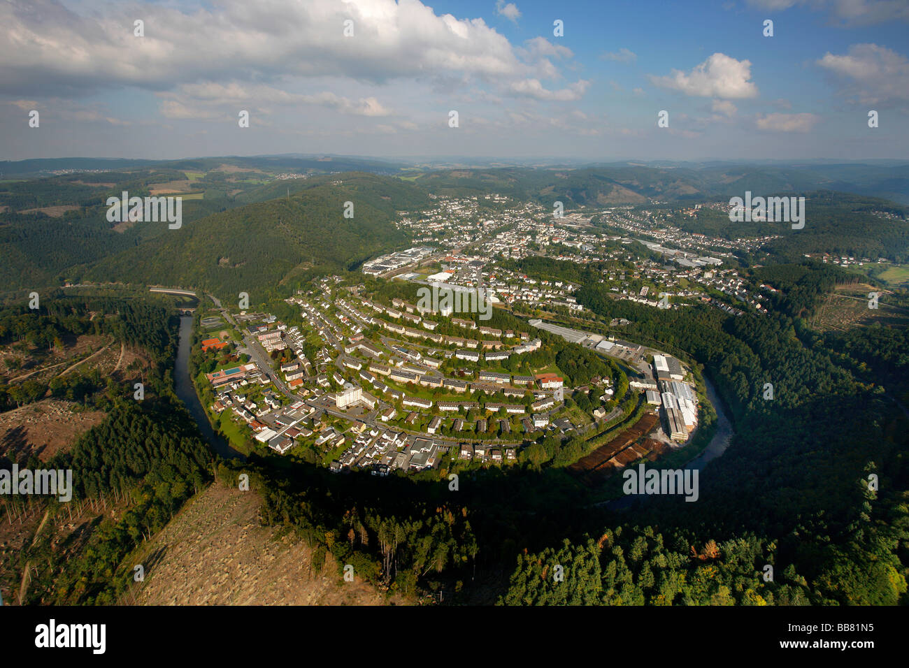 Aerial photo, Lenne river, Werdohl, Maerkischer Kreis, Sauerland, North Rhine-Westphalia, Germany, Europe Stock Photo