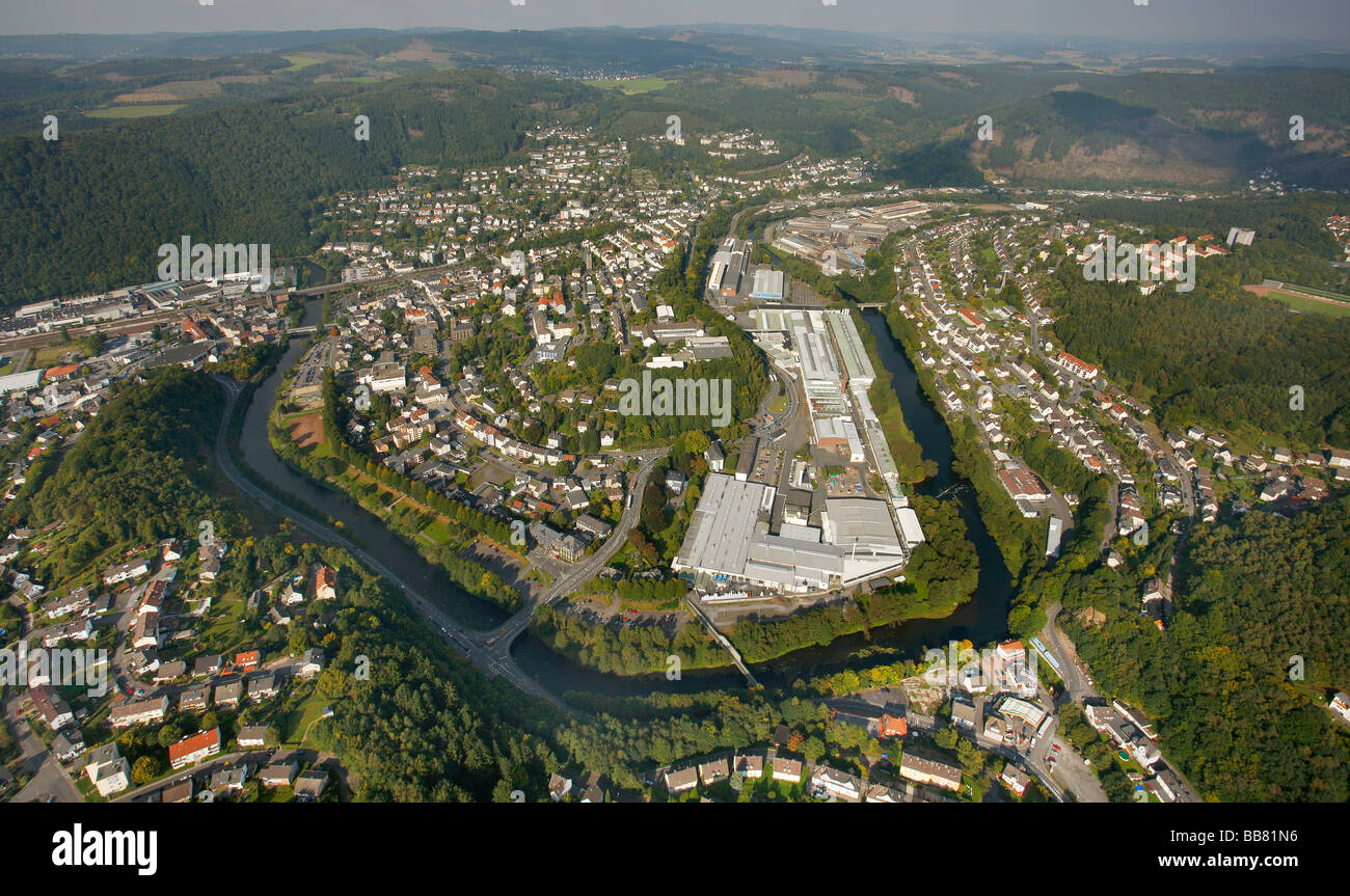 Aerial photo, Lenne river, Werdohl, Maerkischer Kreis, Sauerland, North Rhine-Westphalia, Germany, Europe Stock Photo