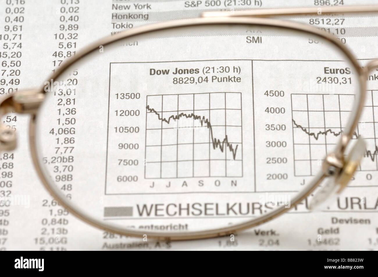 Glasses on the business section of a newspaper, stock exchange, symbolic picture for business Stock Photo