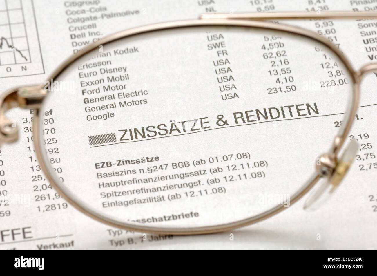 Glasses on the business section of a newspaper, stock exchange, symbolic picture for business Stock Photo