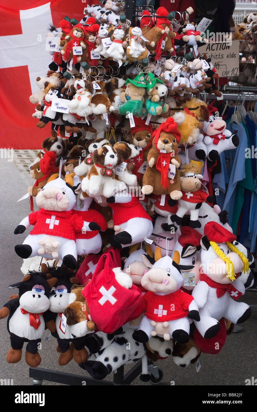 Stuffed Traditional Swiss Cuddly Toys on a Souvenier Stall in Geneva Switzerland Geneve Suisse Stock Photo