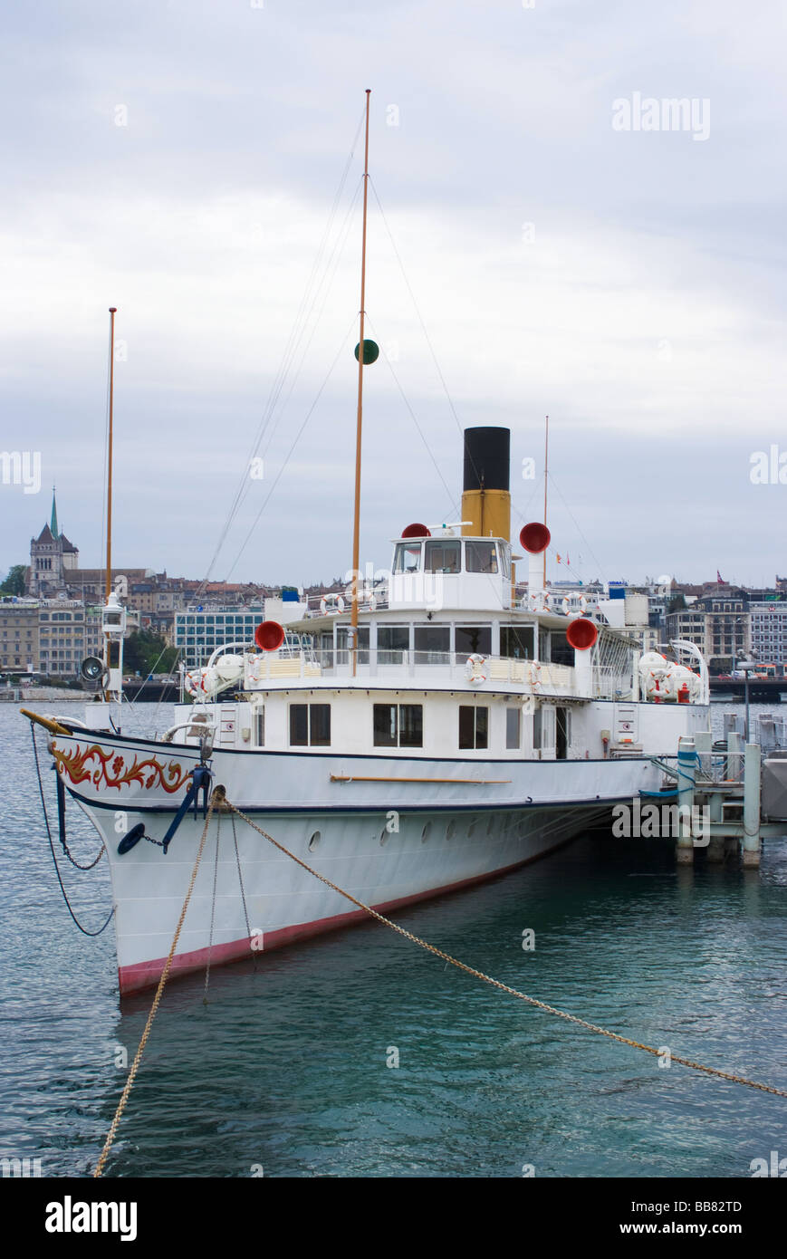 The Tourist Cruise Boat Simplon Berthed on Lake Geneva [Lac de Geneve] Switzerland Stock Photo