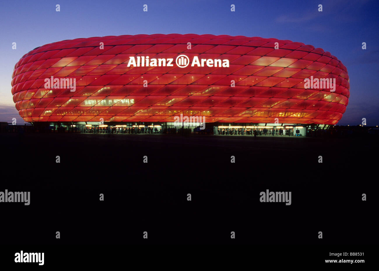 Allianz Arena in the colours of FC Bayern, Munich, Bavaria, Germany, Europe Stock Photo