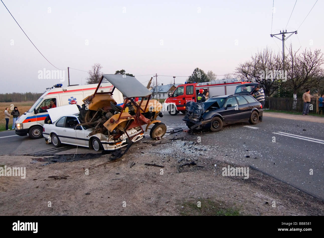 Two cars and tractor accident Stock Photo Alamy