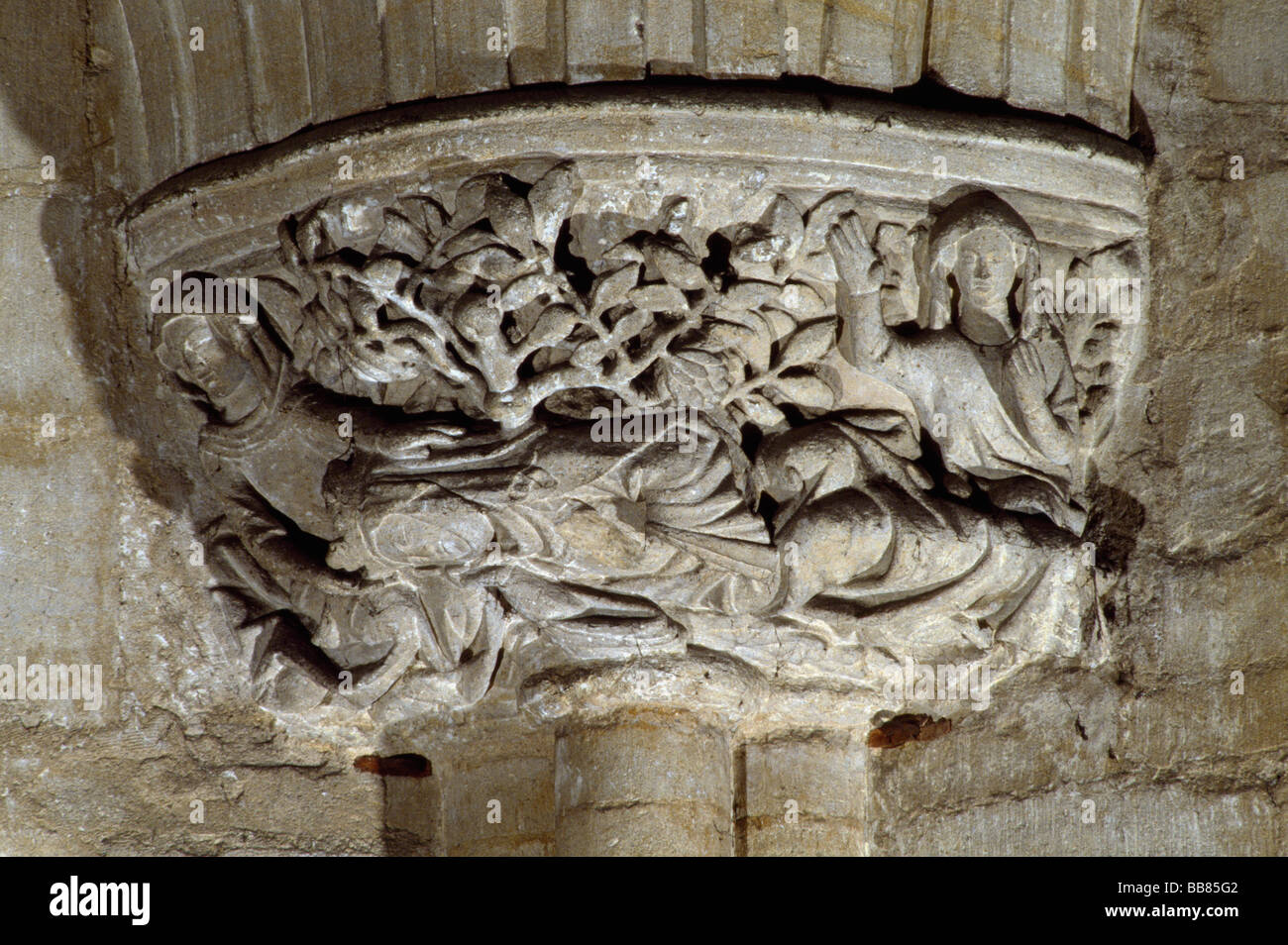 Ely Cathedral capital with floral pattern and figures Stock Photo
