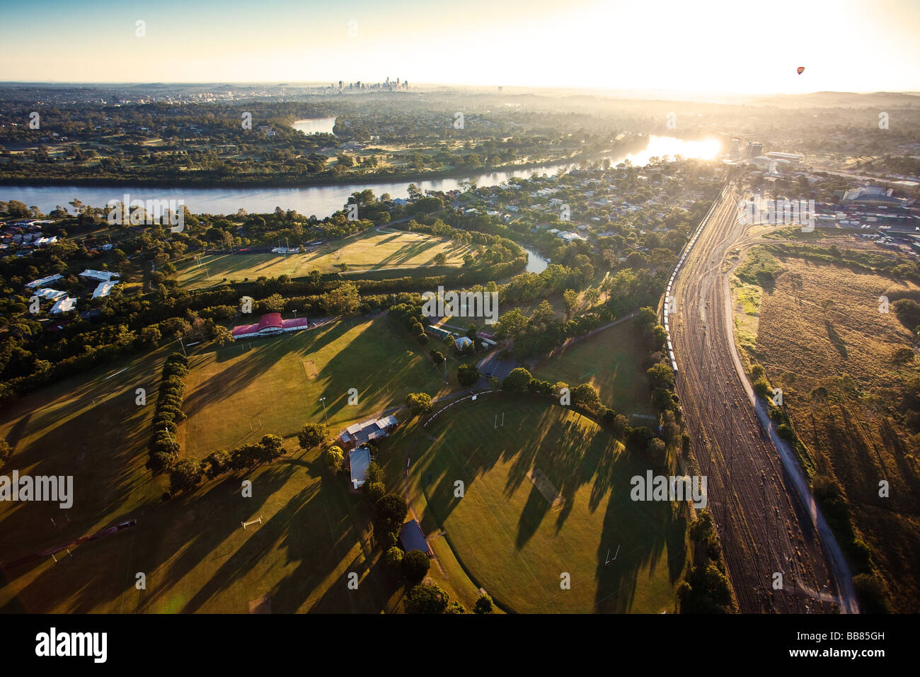 Sunshine over early morning in Brisbane seen from balloon Stock Photo