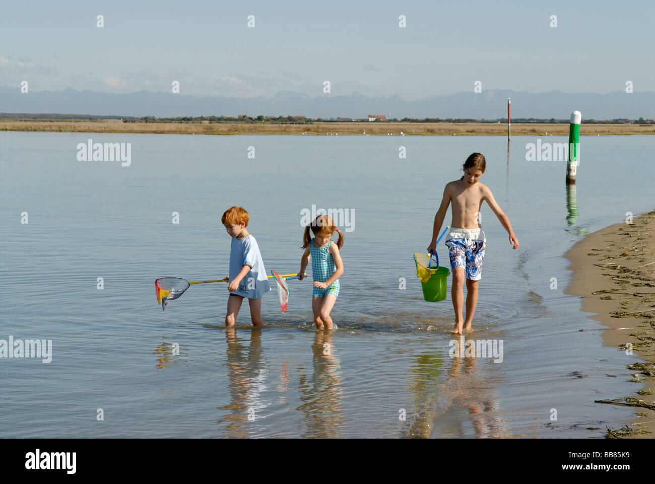 Children walking on the beach, seaside with fishing net and bucket at