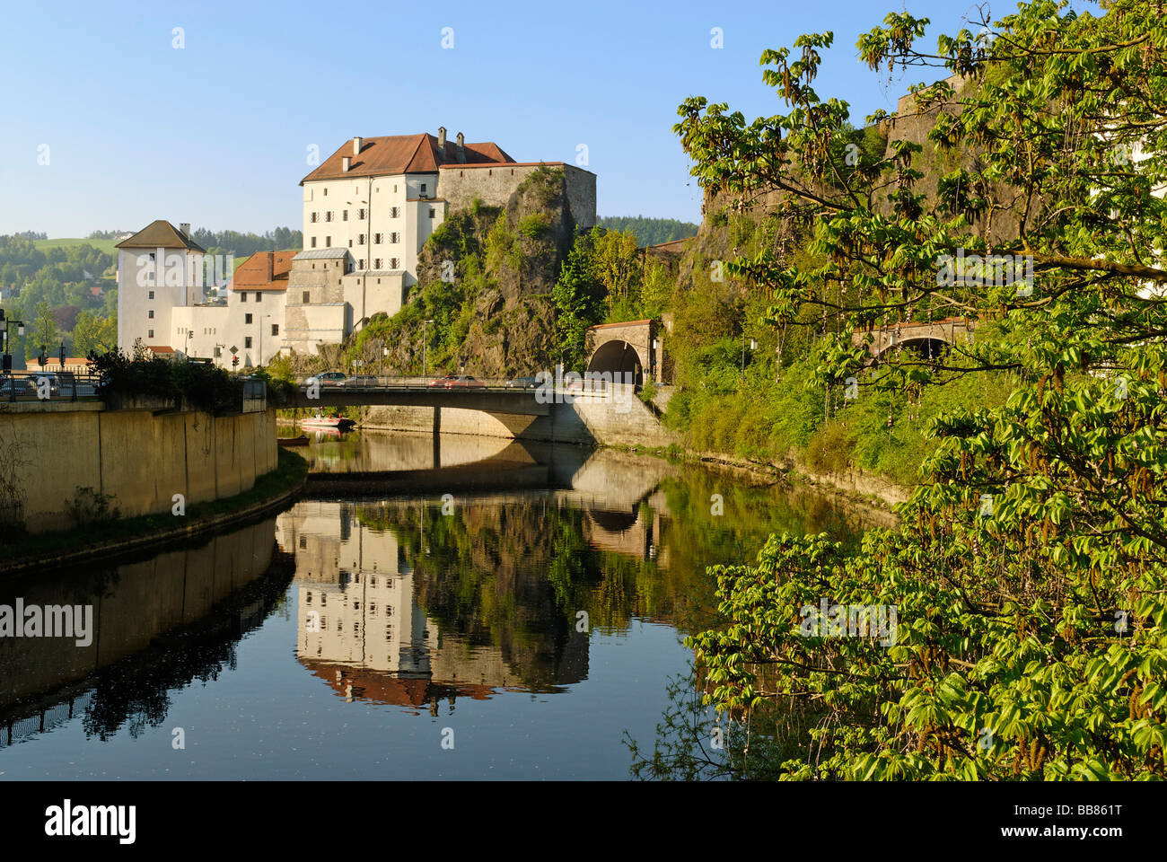 Feste Niedernburg Fortress over the river Ilz, Passau, Lower Bavaria, Germany, Europe Stock Photo