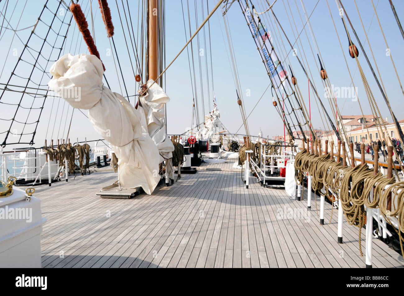 View of the forecastle, Signora Del Vento three master, Venice, Venetia, Italy, Europe Stock Photo