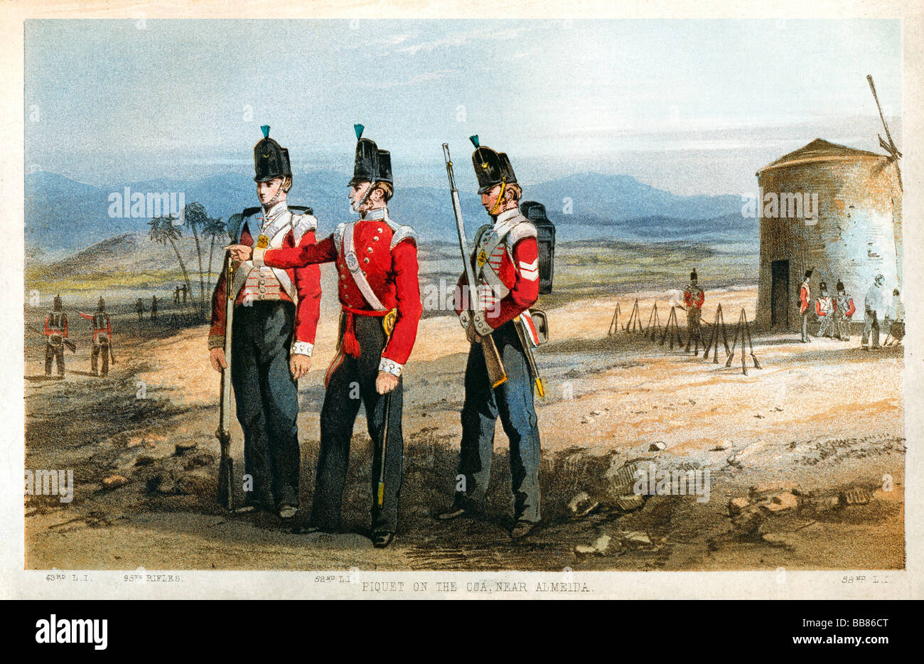 52nd Oxfordshire Light Infantry Peninsular War 1810 print of the British regiment piquet on the Coa near Almeida Stock Photo