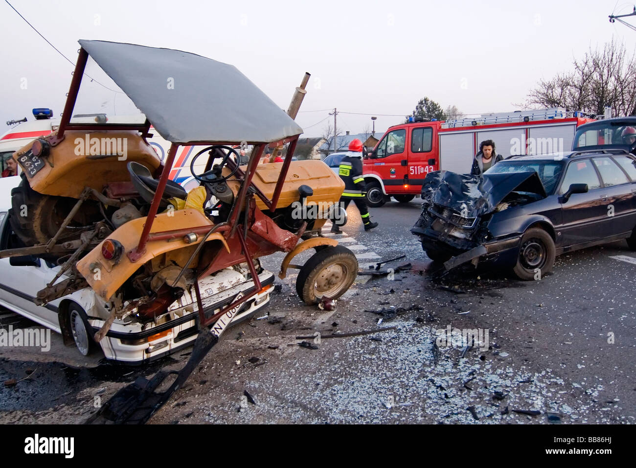 Two cars and tractor accident Stock Photo Alamy