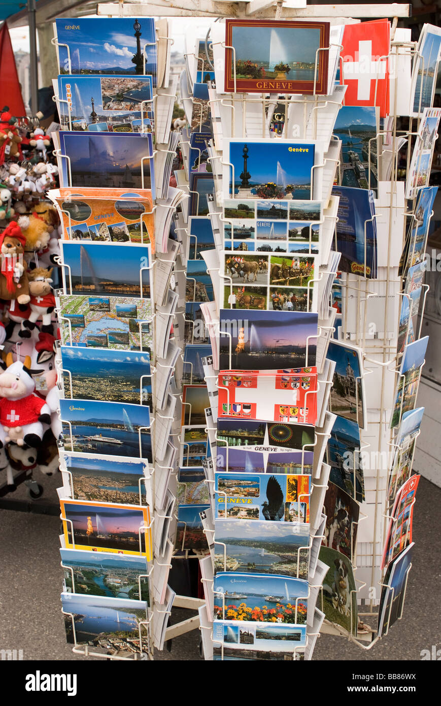 Postcards of Geneva in Rack at Souvenir Stall in geneva City Switzerland Geneve Suisse Stock Photo