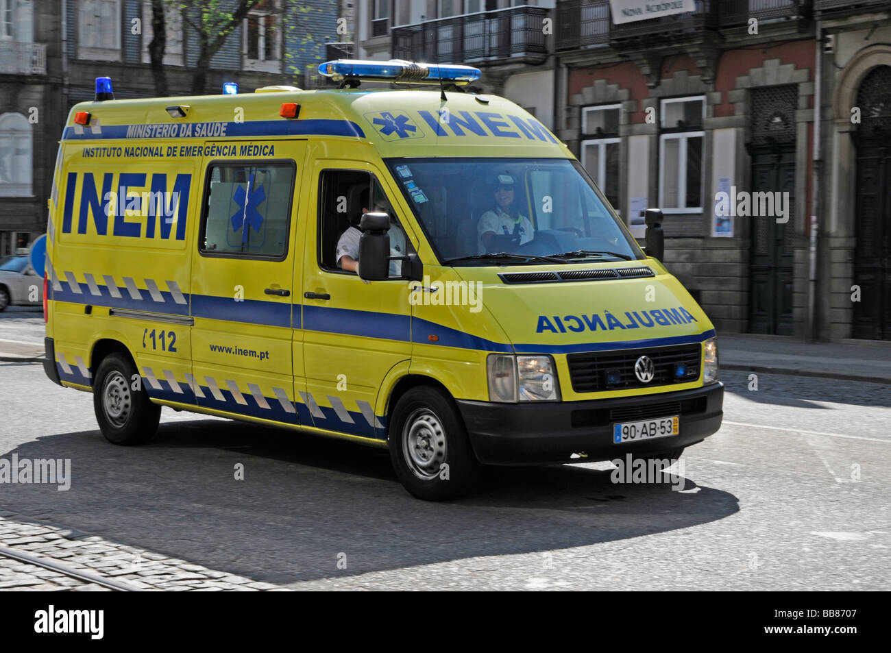 Emergency ambulance in action, Porto, Northern Portugal, Europe Stock Photo