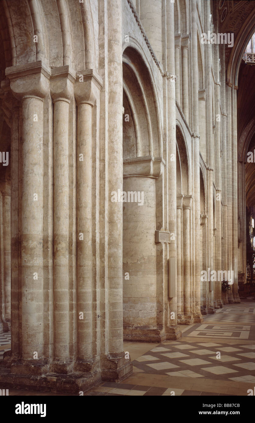 Ely Cathedral Norman Romanesque nave showing threefold pattern design of arcade wall Stock Photo