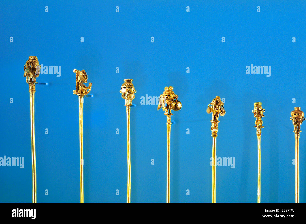 Pre-Columbian goldwork collection, hairpins, Gold Museum, Museo del Oro, Bogotá, Colombia, South America Stock Photo