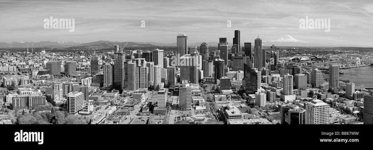 A black and white panoramic view of the downtown Seattle skyline in Washington state, USA, as seen from the Space Needle. Stock Photo