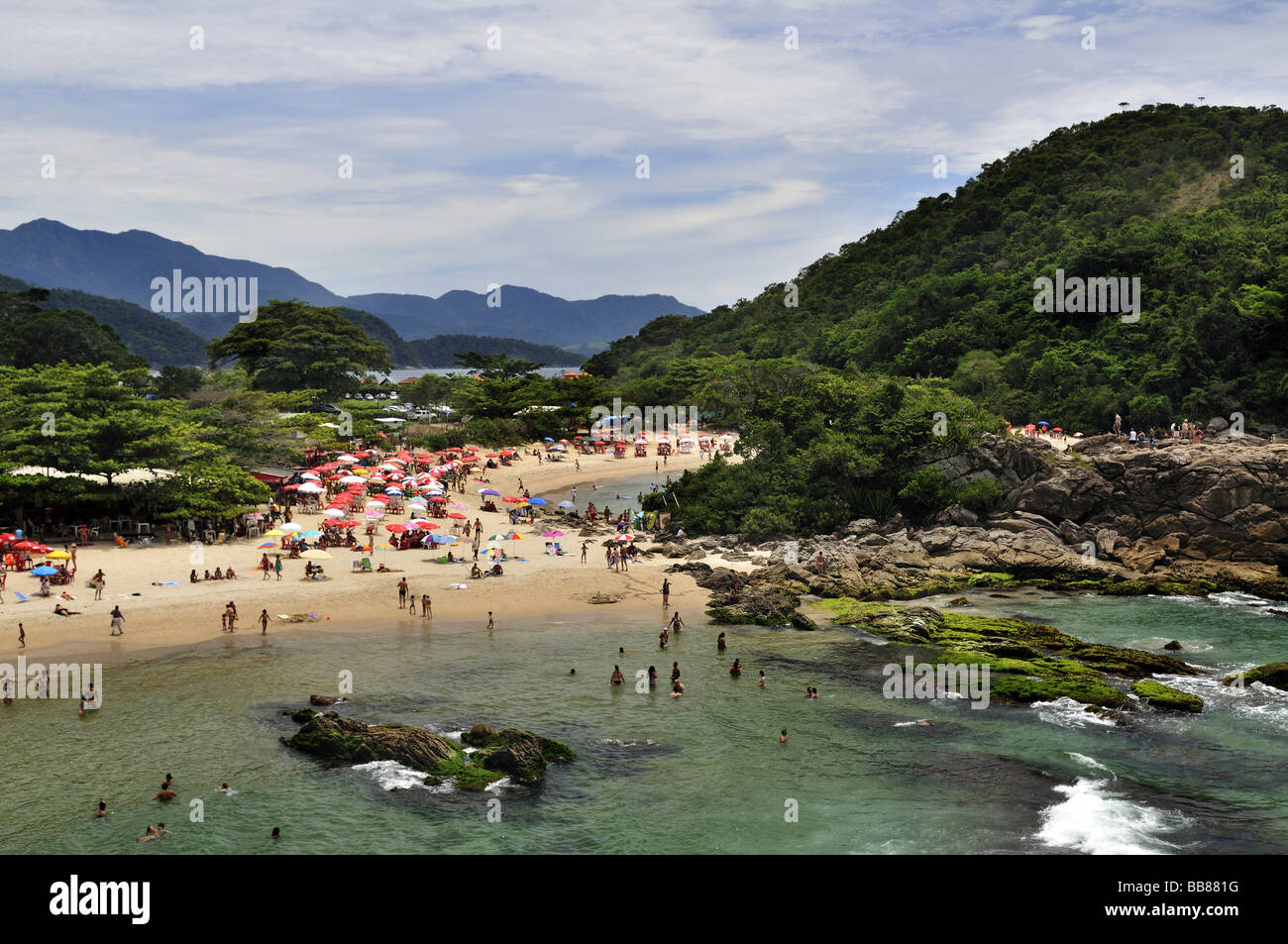 Busy beach in Trinidade, Paraty, Parati, Rio de Janeiro, Brazil, South America Stock Photo
