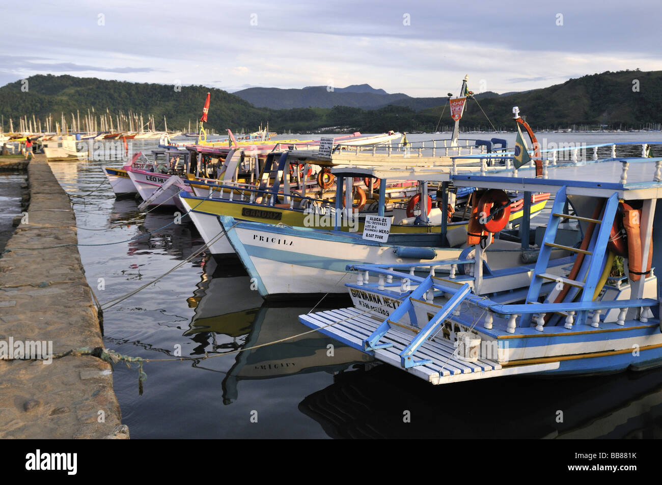 Fishing boats at pier, Paraty, Parati, Rio de Janeiro, Brazil, South America Stock Photo