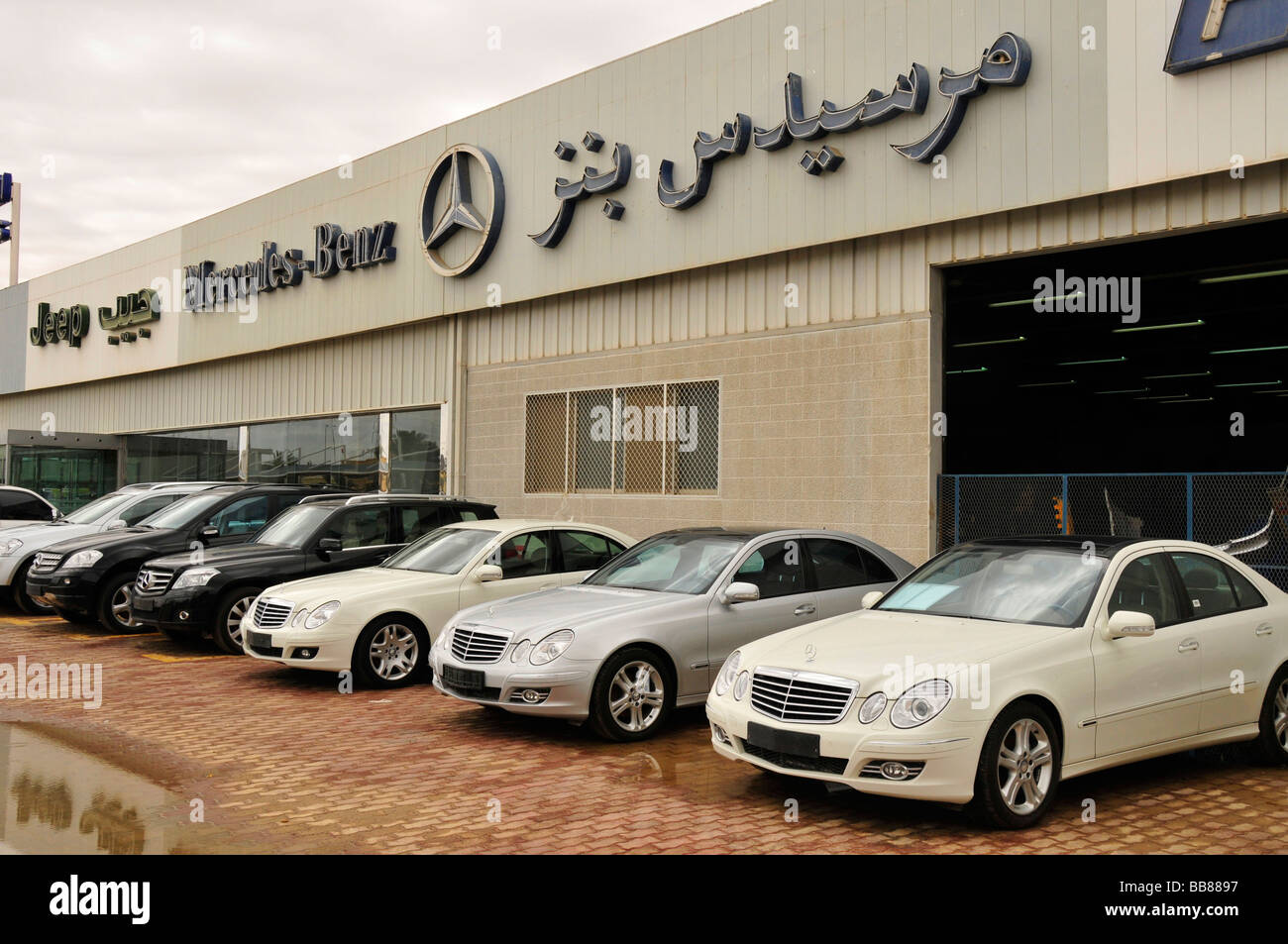 New cars in front of Mercedes store in Al Ain, Abu Dhabi, United Arab Emirates, Arabia, Orient, Middle East Stock Photo