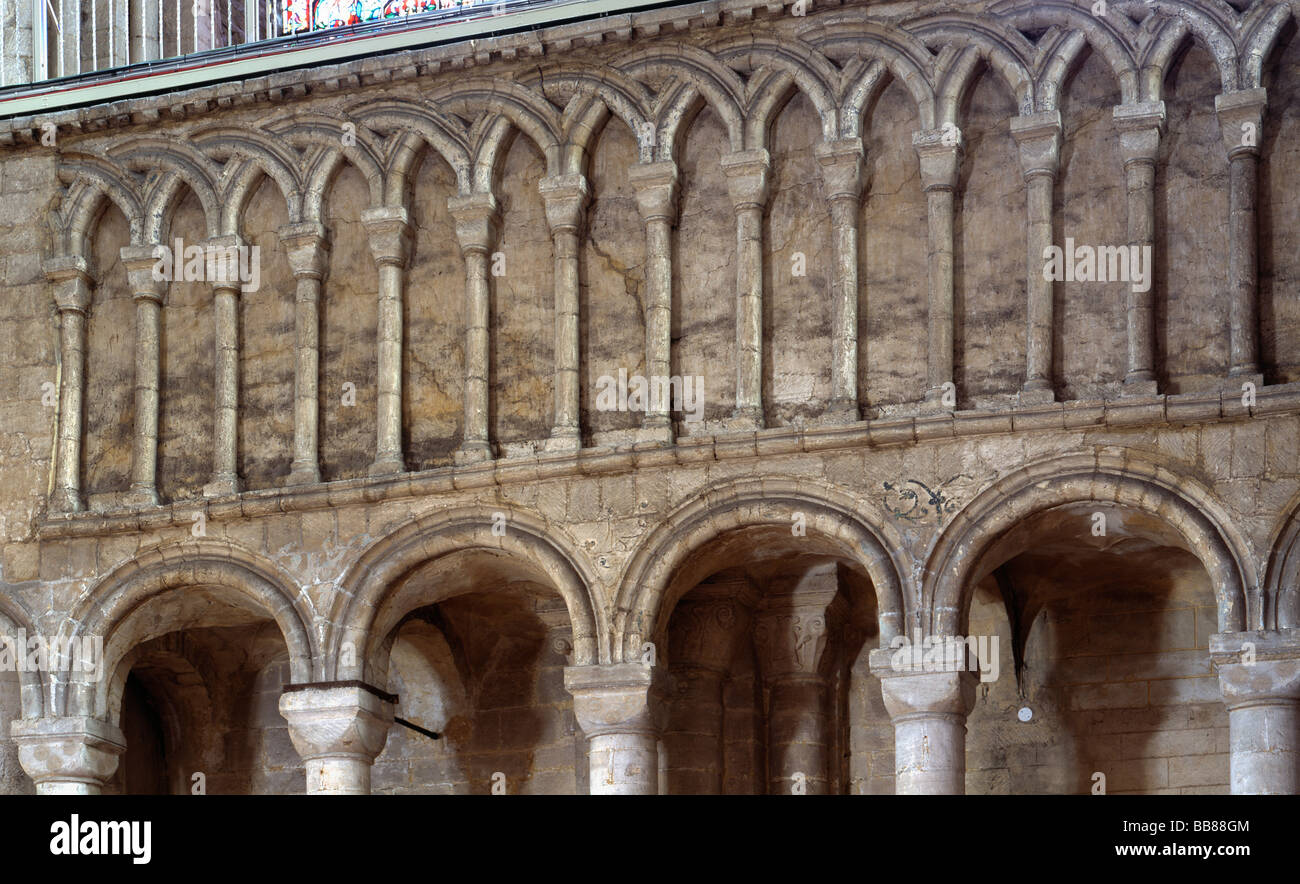 Ely Cathedral interlocking arcading in Norman Romanesque south transept Stock Photo