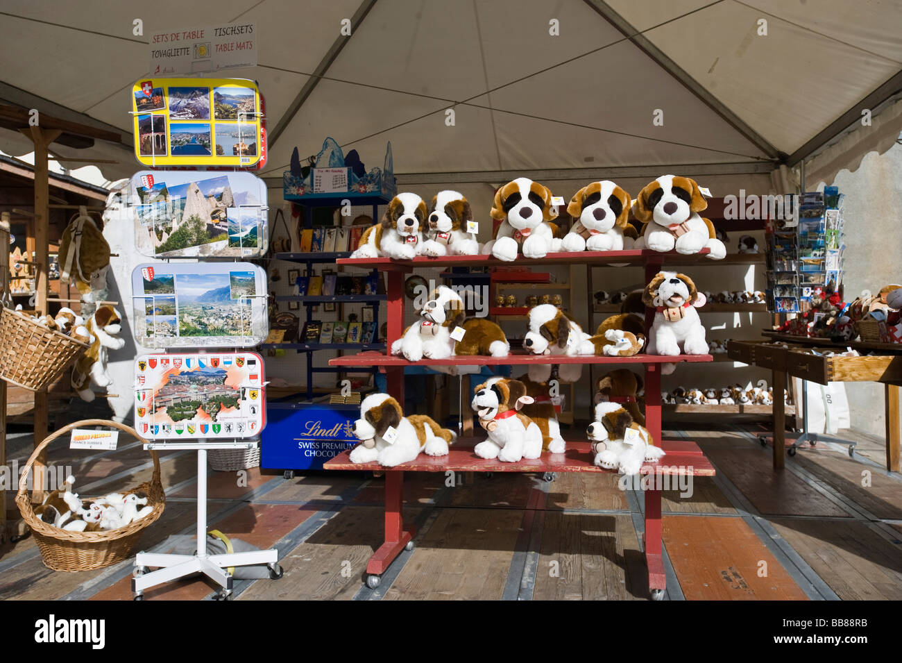 Soft toy St. Bernard dogs at a souvenir stand, Great St Bernard Pass,  Valais, Switzerland Stock Photo - Alamy