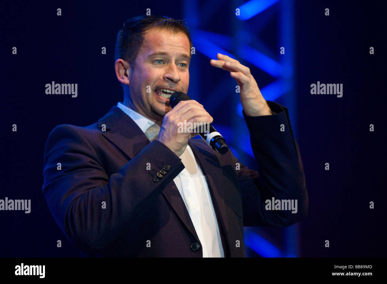 Swiss schlager singer and presenter Leonard performing live at the 9th Schlager Nacht at Festhalle Allmend concert hall, Lucern Stock Photo