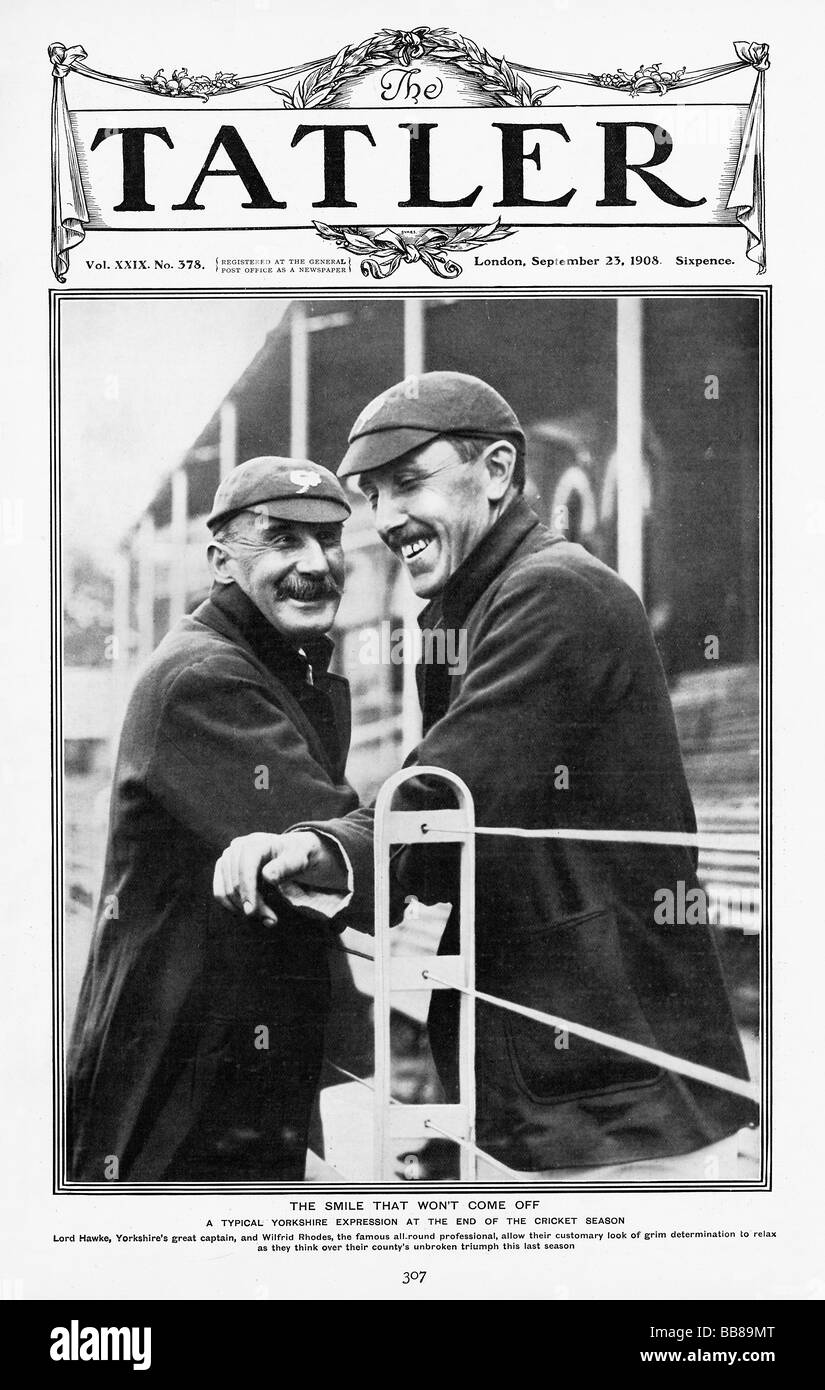 Lord Hawke and Wilfred Rhodes 1908 cover of the captain and top professional of county cricket champions Yorkshire Stock Photo