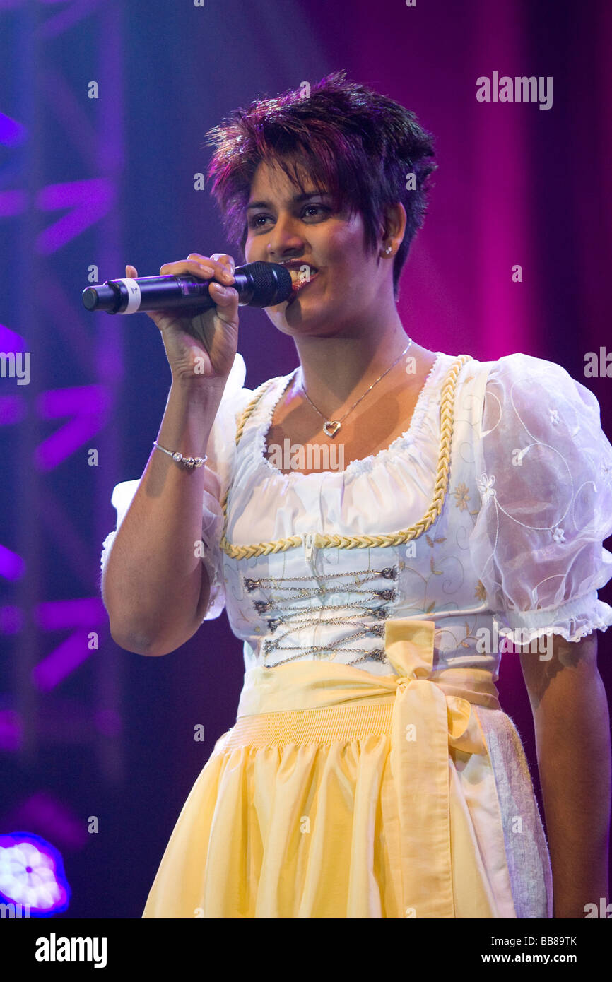 Swiss folk and schlager singer Sarah-Jane performing live at the 9th Schlager Nacht at Festhalle Allmend concert hall, Lucerne, Stock Photo