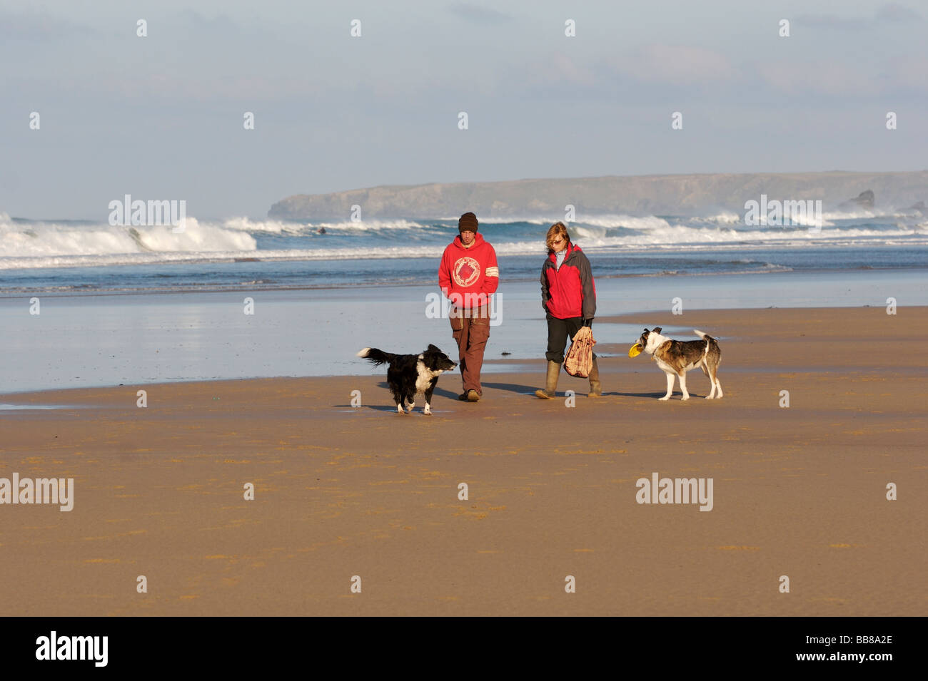 A couple walking their dogs along the beach at Watergate Bay, Cornwall