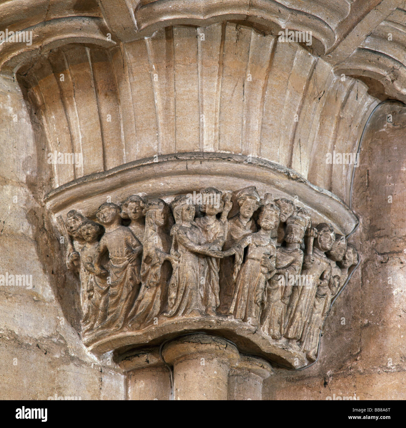Ely Cathedral carving on Octagon capital  depicting St Etheldreda's life Stock Photo